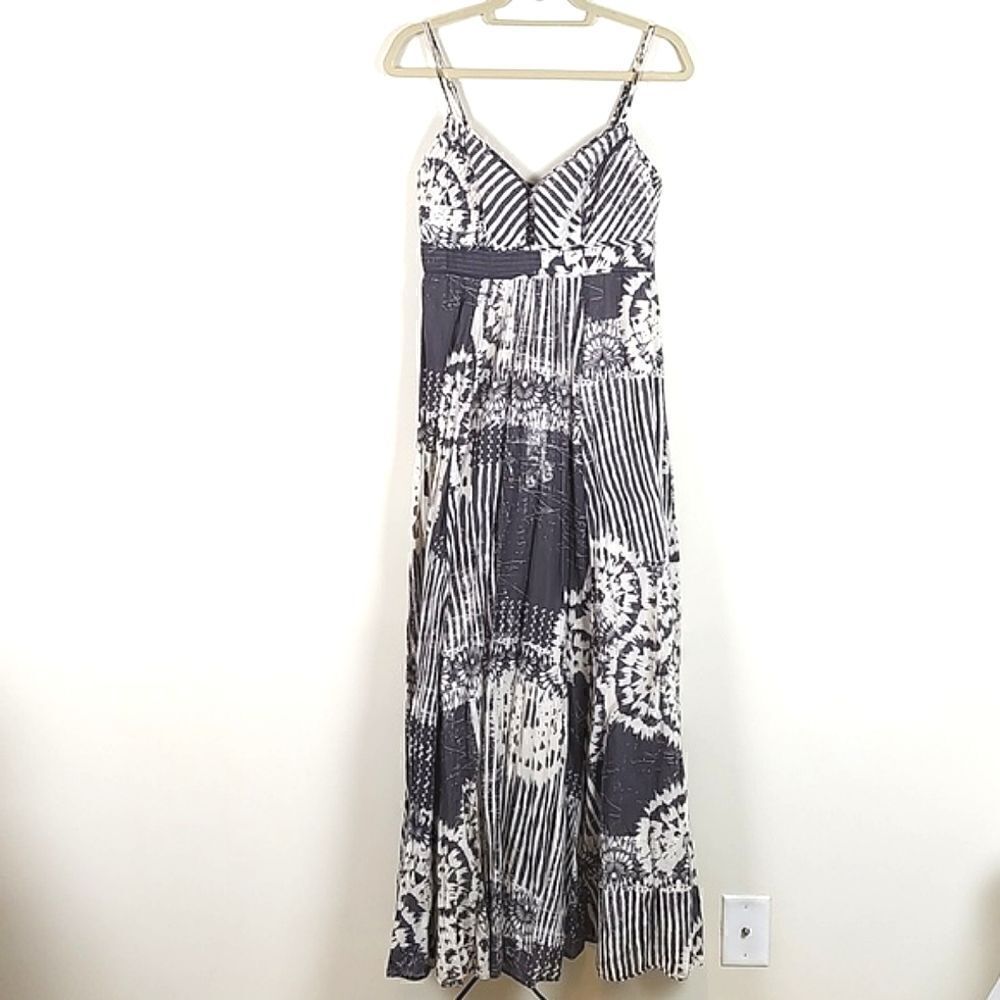 Gray Batik Patterned Empire Waist Maxi Dress Size 8 Beach Coastal Resort